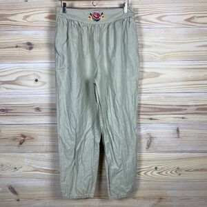 Bechamel Pants Women Large Tan Linen‎ Blend High Rise Floral Embroidered Relaxed